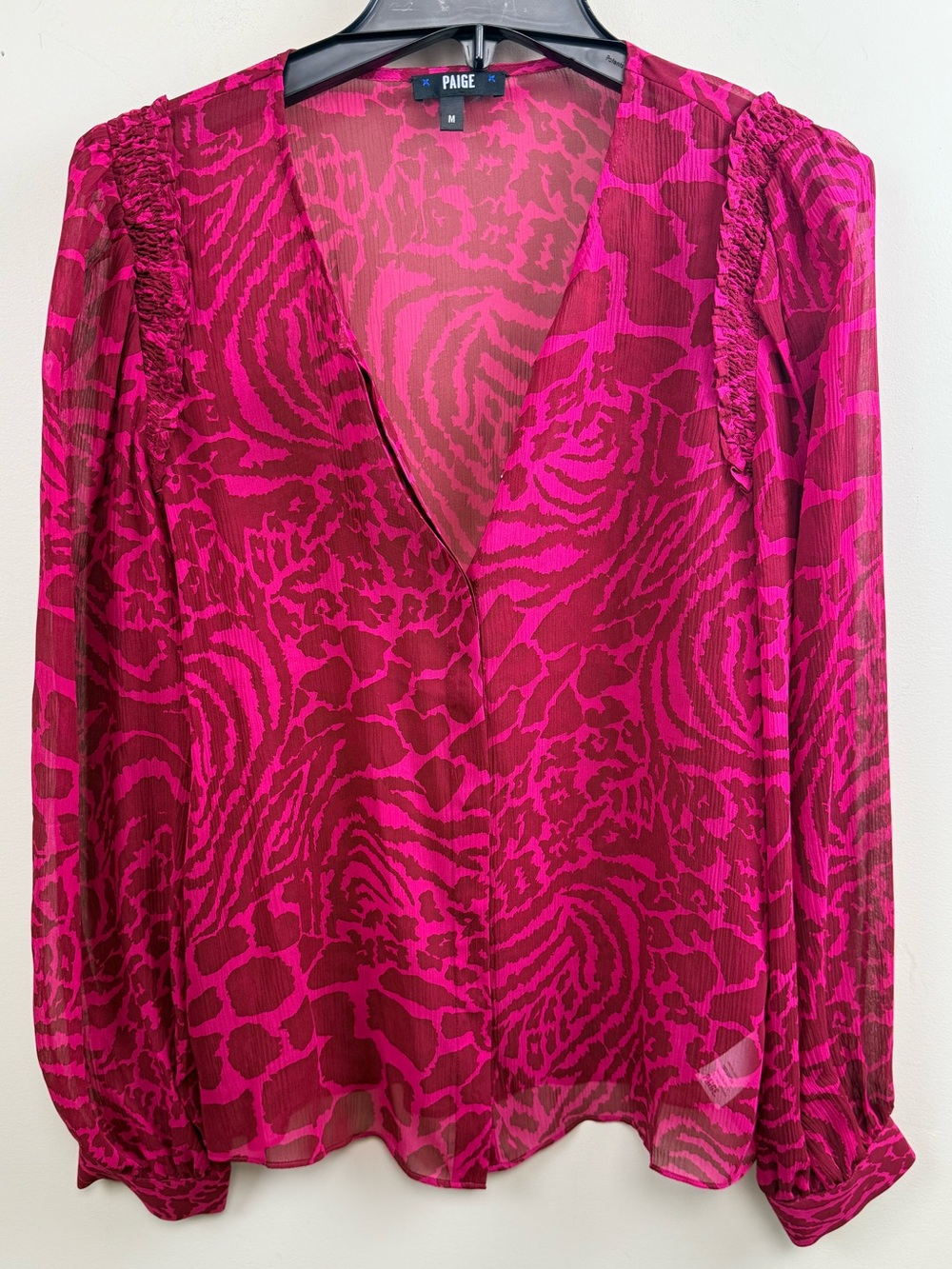 Paige v neck silk sheer pink animal print blouse medium